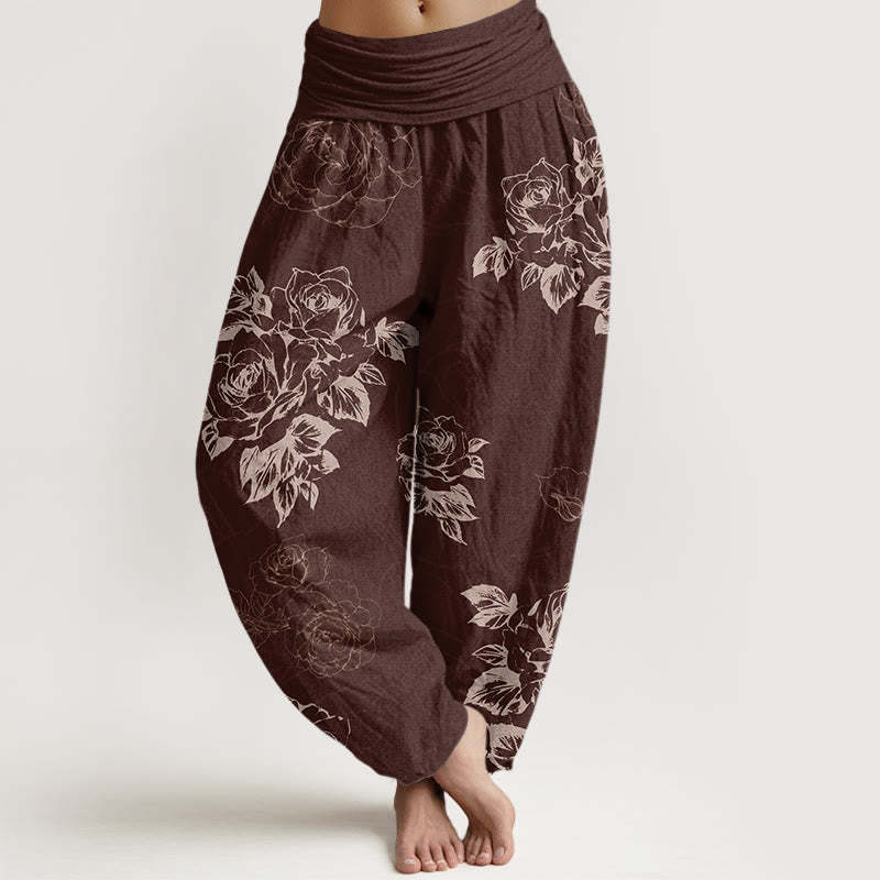 Casual Rose Peony Flowers Women's Elastic Waist Harem Pants