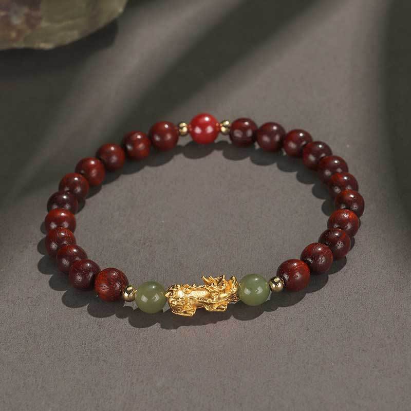 999 Sterling Silver Sandalwood Ebony Wood Small Leaf Red Sandalwood Hetian Jade Cinnabar PiXiu Wealth Bracelet