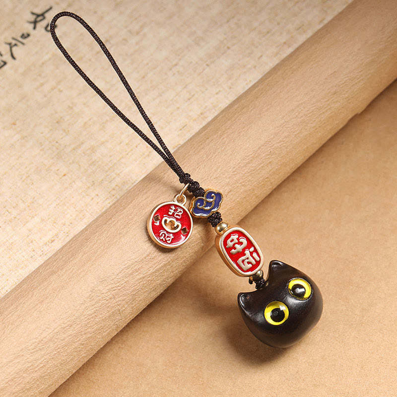 Ebony Wood Lucky Cat Auspicious Cloud Peace Key Chain Phone Hanging Decoration