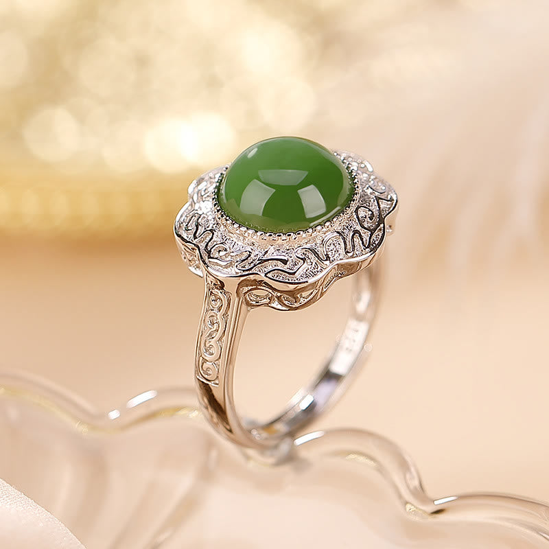 925 Sterling Silver Hetian Cyan Jade Flower Design Luck Adjustable Ring