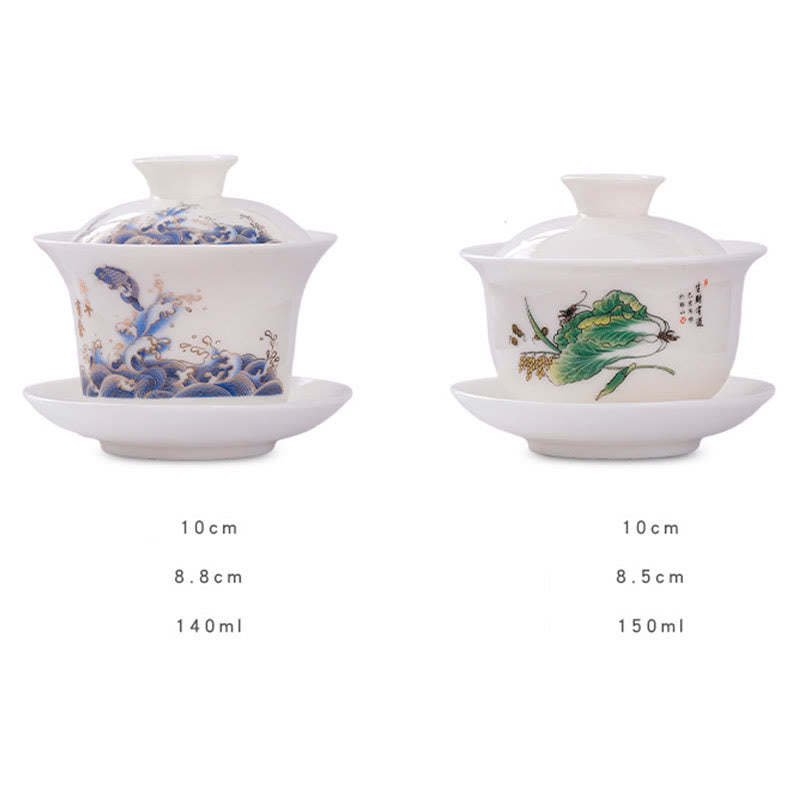 White Porcelain Mountain Landscape Countryside Ceramic Gaiwan Teacup Kung Fu Tea Cup And Saucer With Lid