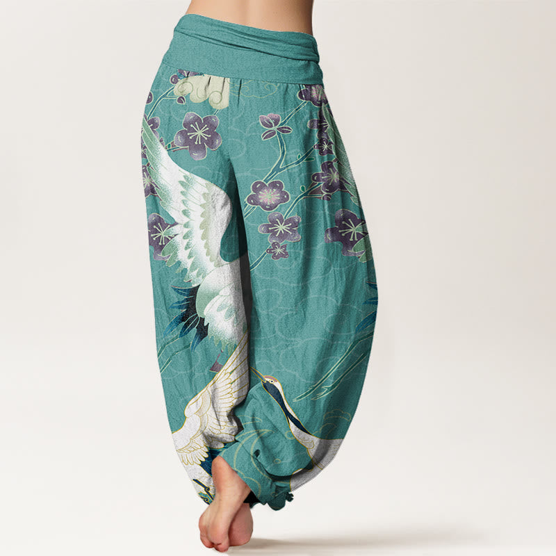 Cranes Flowers Auspicious Clouds?pattern Women's Elastic Waist Harem Pants