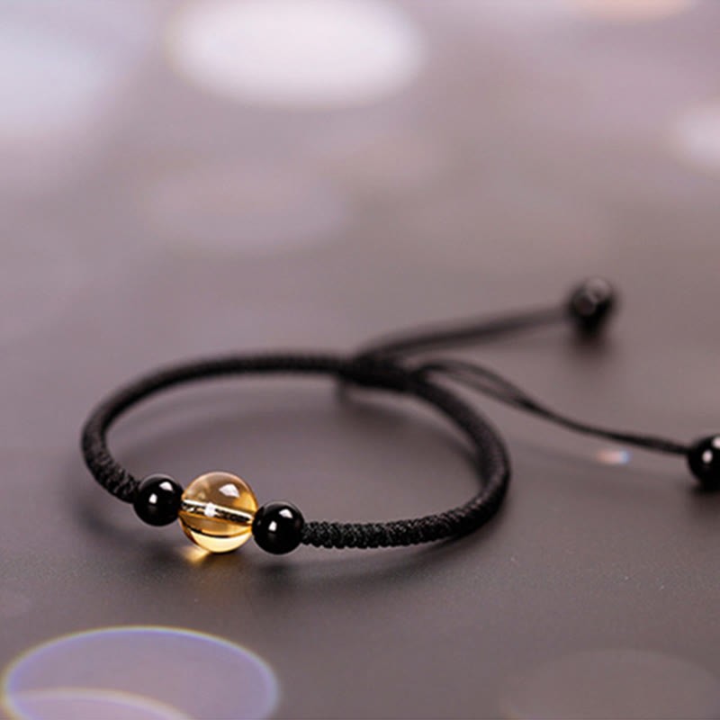 Handcrafted Citrine Black Obsidian Bead King Kong Knot Peace Knot Luck Rope Bracelet