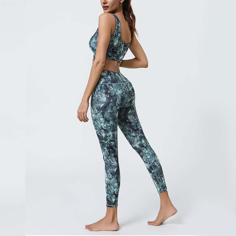 2Pcs Pineapple Grass Leaves Print Sports Fitness Crop Tank Bra High Waist Leggings Yoga Pants
