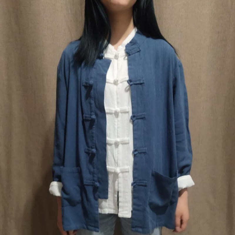 Solid Color Frog-button Long Sleeve Cotton Linen Women's Shirts With Pockets