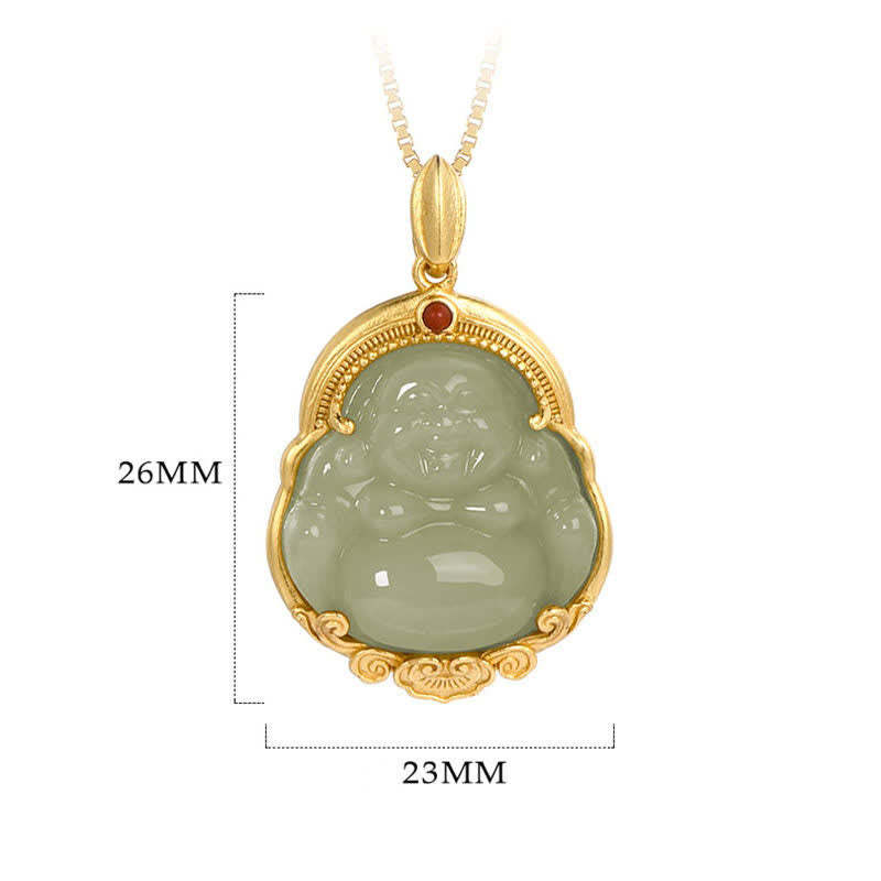 925 Sterling Silver Laughing mystic zen Natural Hetian Jade Luck Prosperity Necklace Pendant