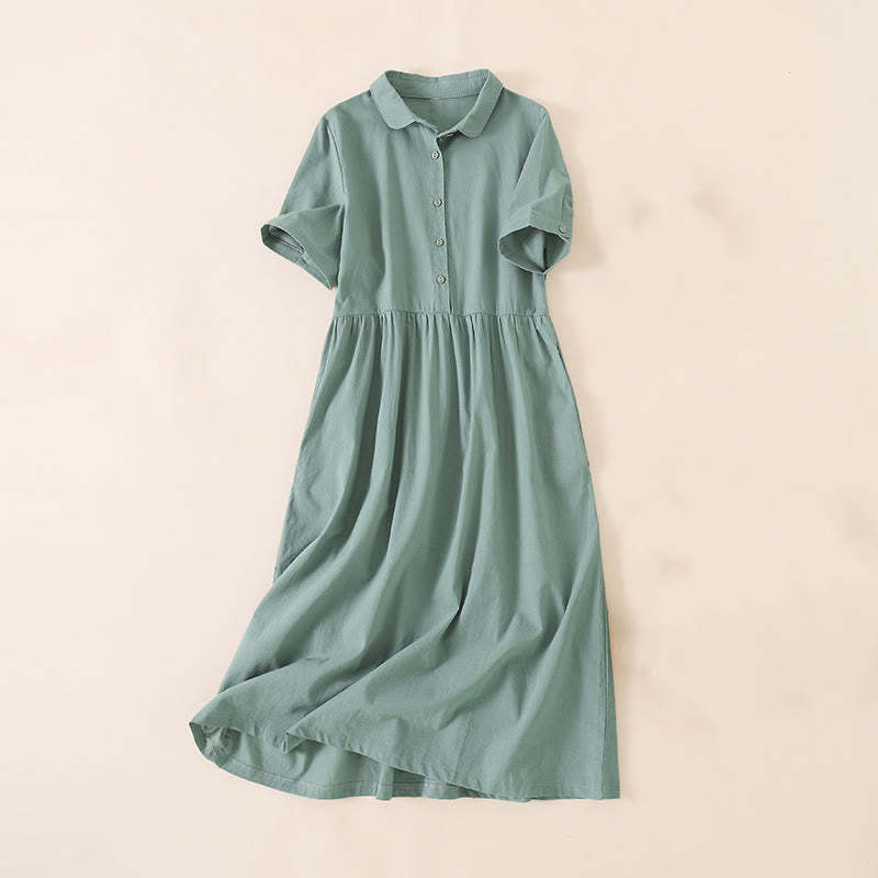 Summer Buttons Design Short Sleeve Cotton Linen Midi Dress With Pockets