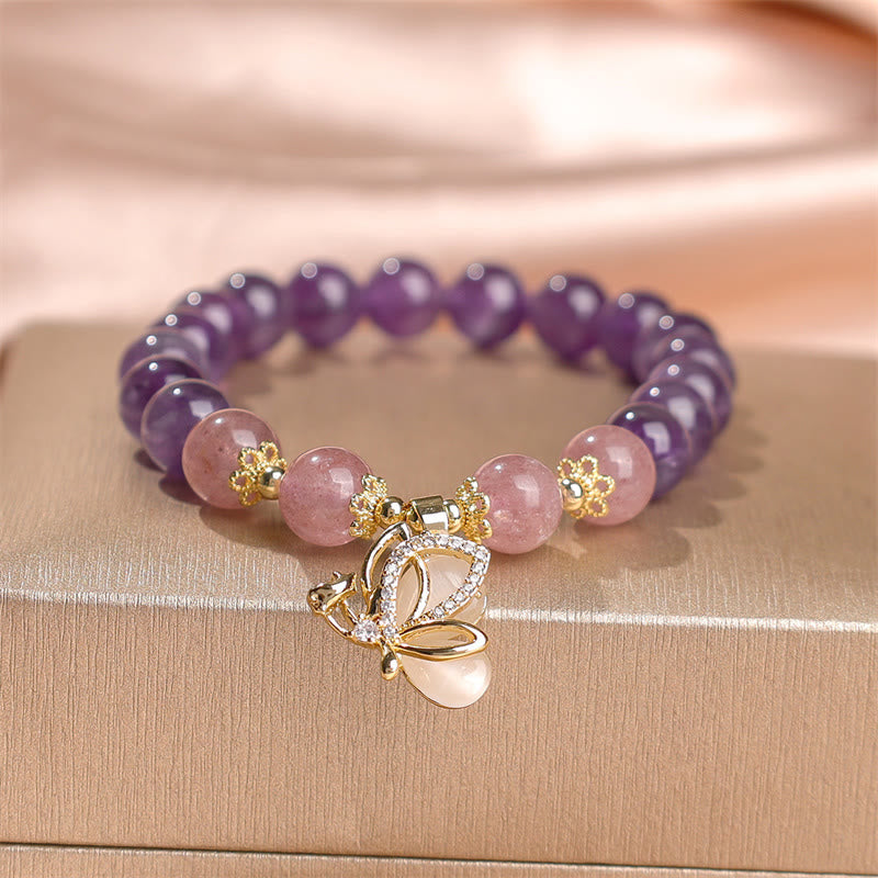 Natural Amethyst Strawberry Quartz Crystal Healing Butterfly Charm Bracelet
