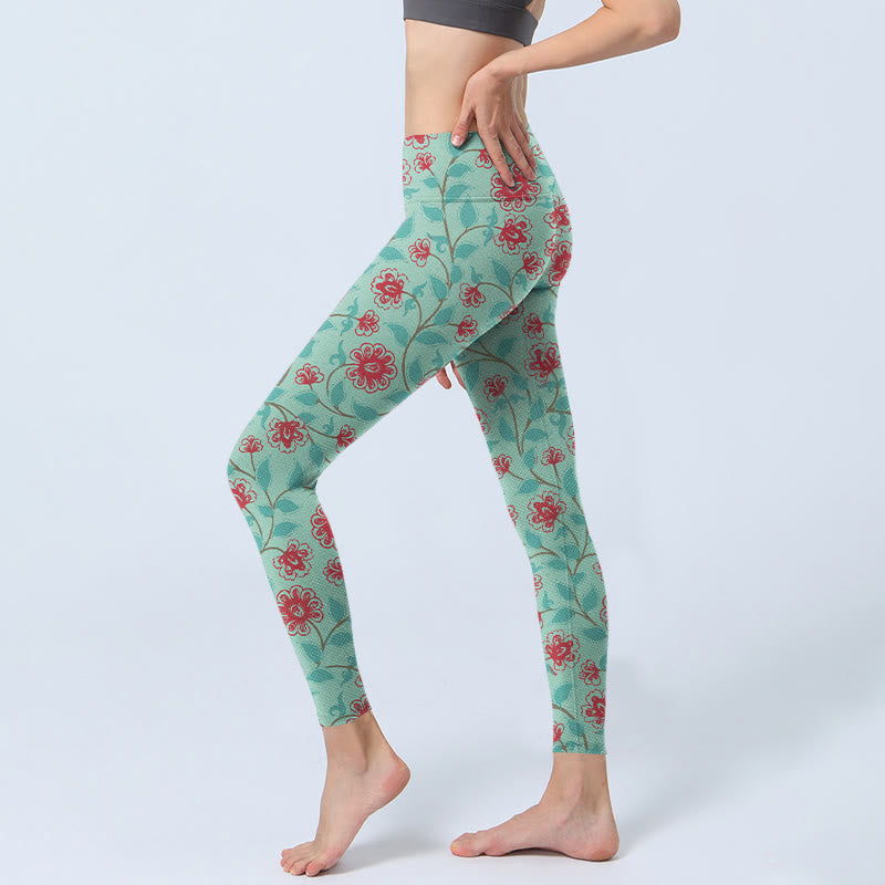 Vine Leaves Blossom Print Gym Leggings Women's Yoga Pants