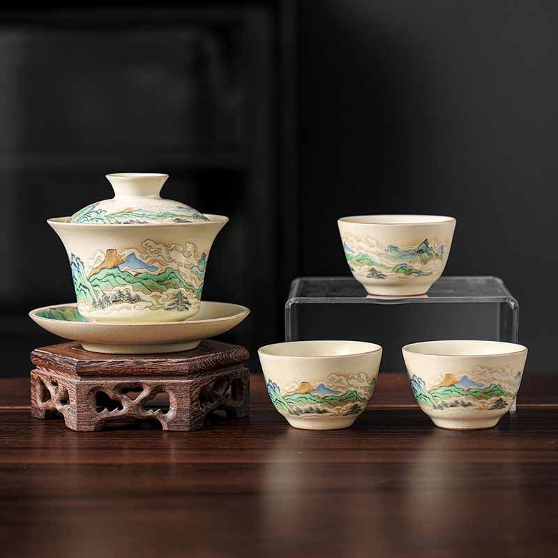 A Panorama of Rivers and Mountains Flowers Ceramic Gaiwan Sancai Teacup Kung Fu Tea Cup And Saucer With Lid