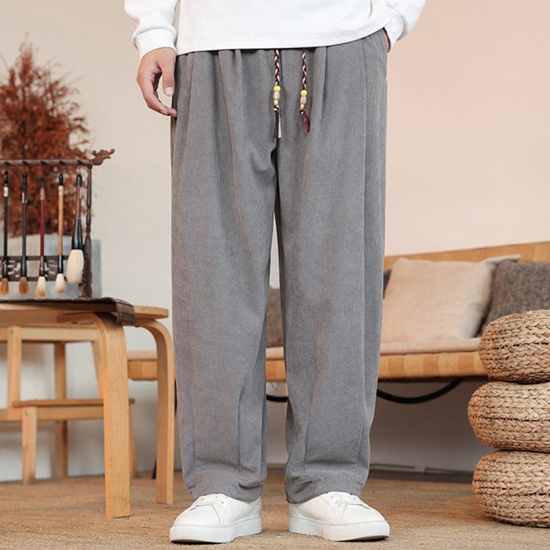 Fall Winter Men's Drawstring Corduroy Solid Pants With Pockets