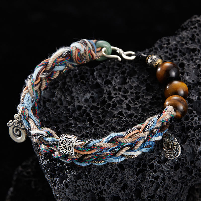 925 Sterling Silver Tiger's Eye Colorful Cotton Rope Handmade Willpower Bracelet