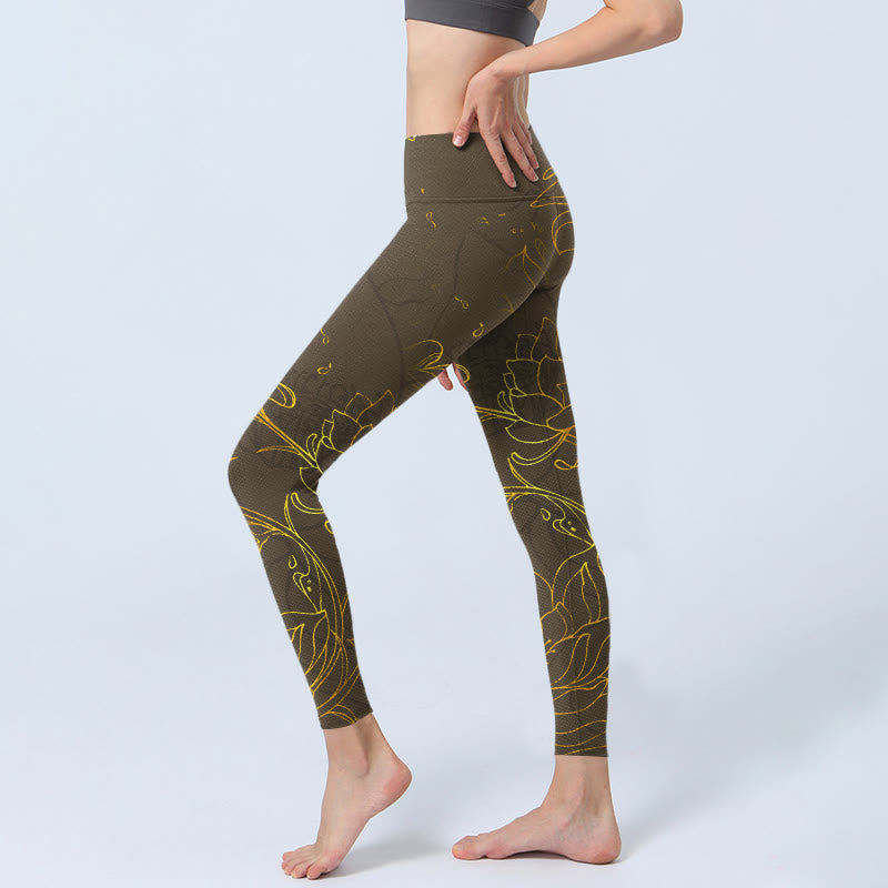 Yellowish Brown Lotus Flower Lotus Leaf Print Gym Leggings Women's Yoga Pants