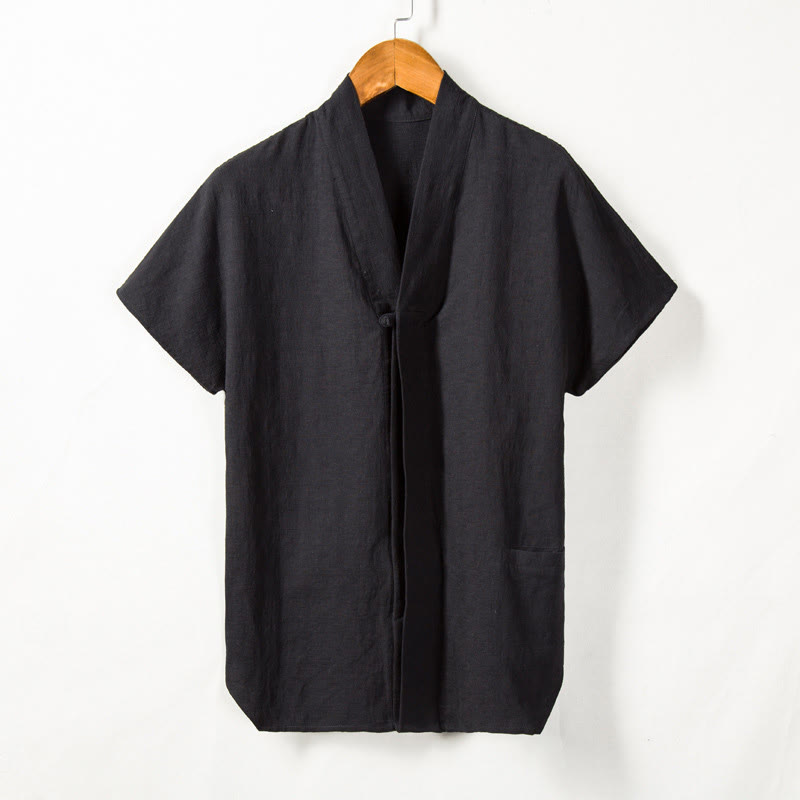 Men's Short Sleeve Shirt With Pocket V Neck Cardigan Comfort Cotton Linen Shirt