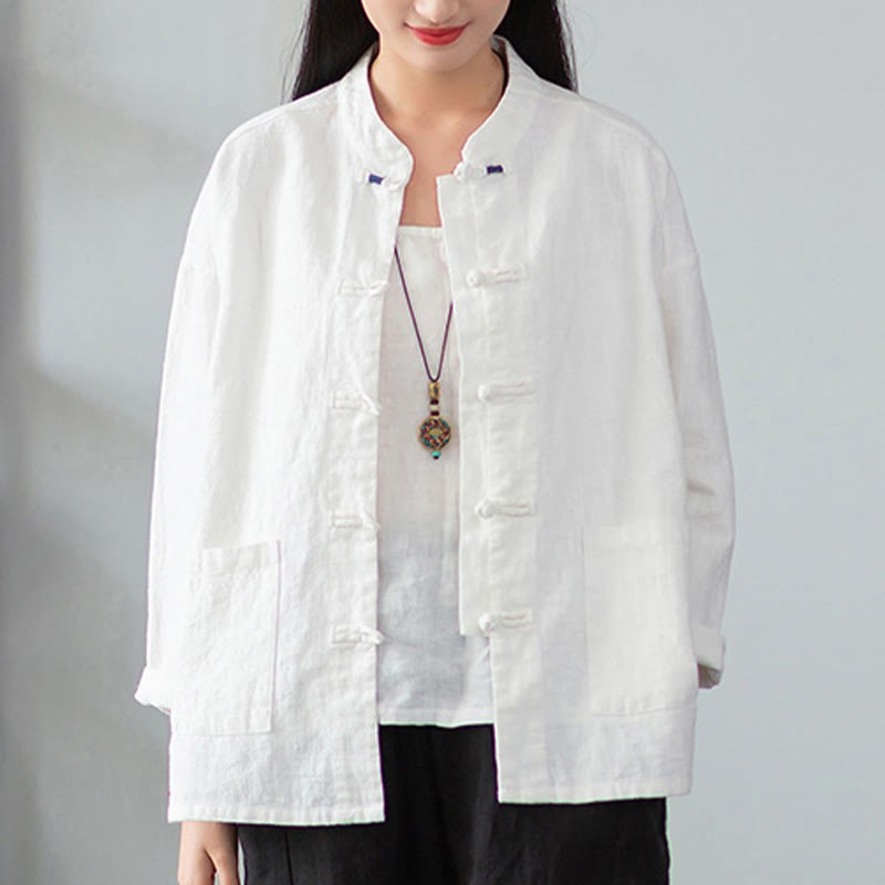 Solid Color Frog-button Long Sleeve Linen Women's Shirts With Pockets