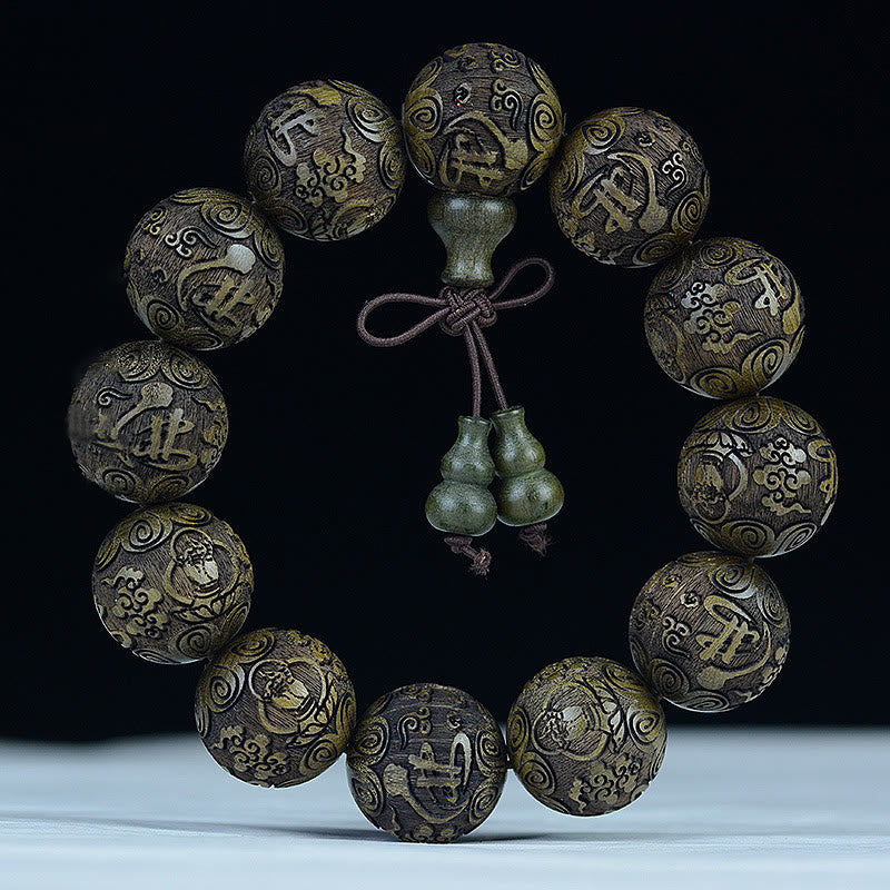 Chinese Zodiac Rosewood Ebony Boxwood Copper Coin PiXiu Carved Warmth Bracelet