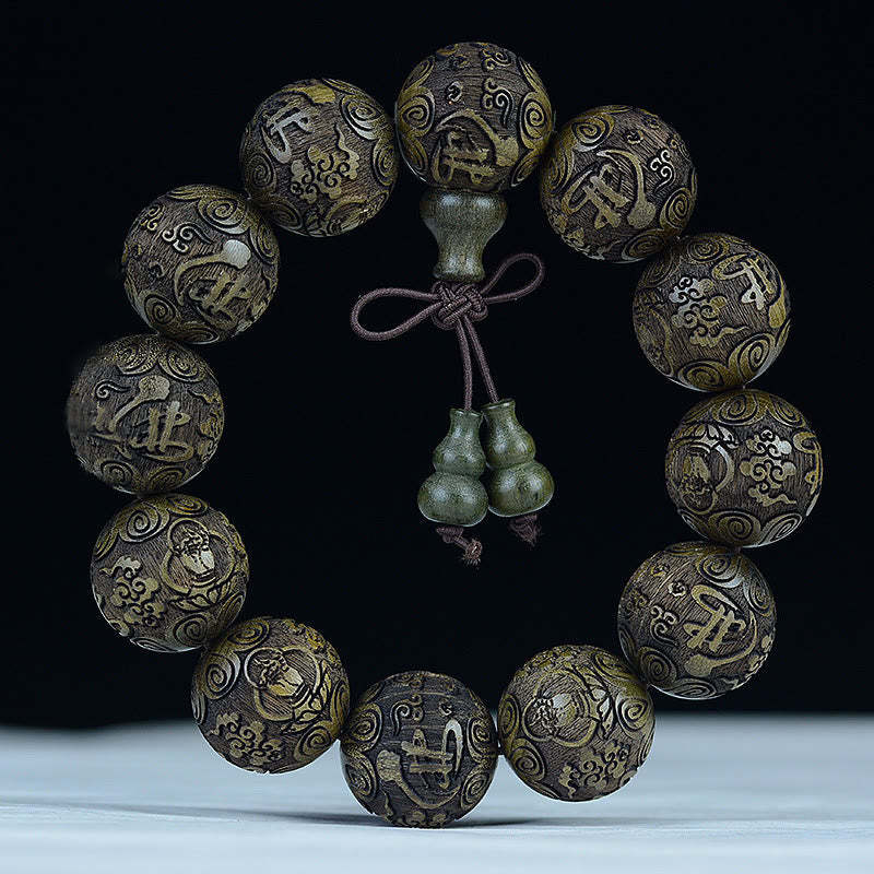 Chinese Zodiac Rosewood Ebony Boxwood Copper Coin PiXiu Carved Warmth Bracelet