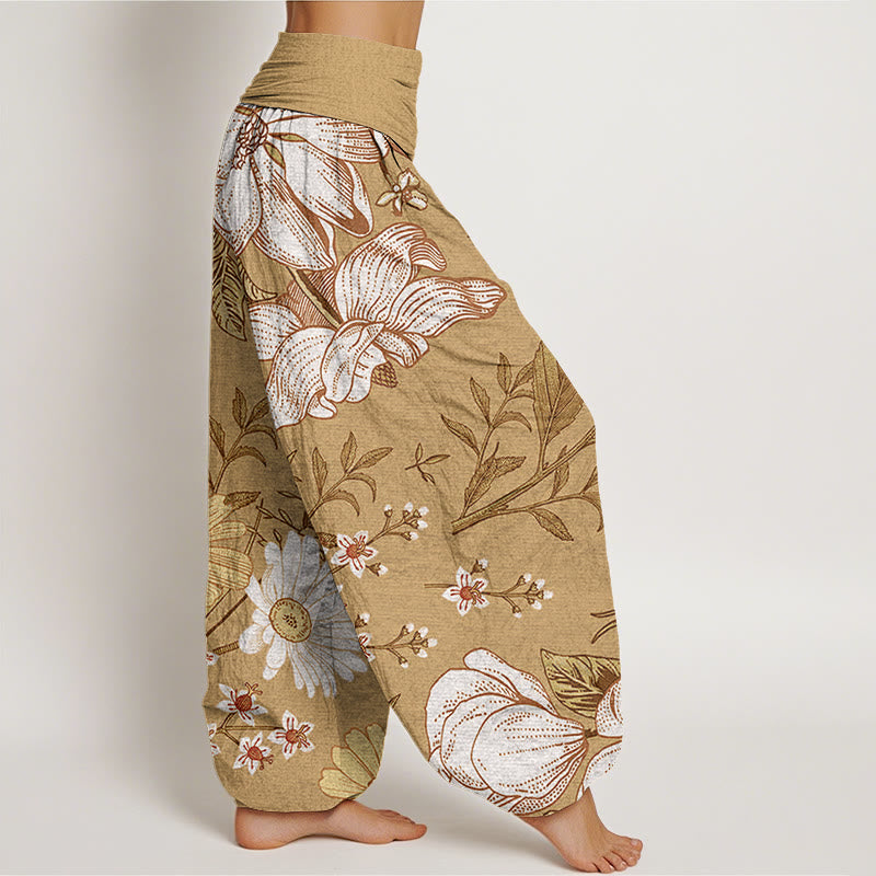 Daisy White Flowers Pattern Women's Elastic Waist Harem Pants