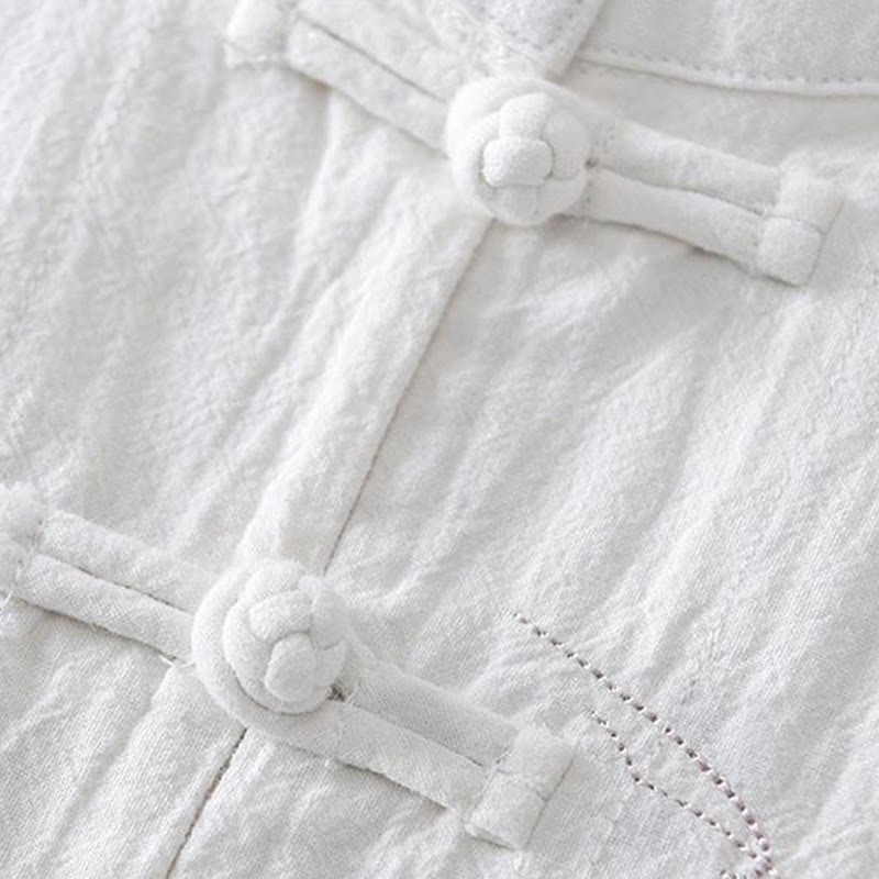 Frog-button Mandarin Collar Embroidery Cotton Linen Short Sleeve Men's Shirt