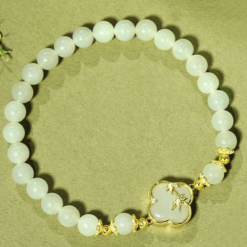Hetian Jade 925 Sterling Silver Four Leaf Clover Bamboo Luck Bracelet