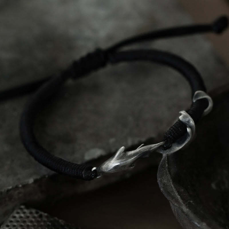 999 Sterling Silver Shark Black Wax Rope Protection Bracelet