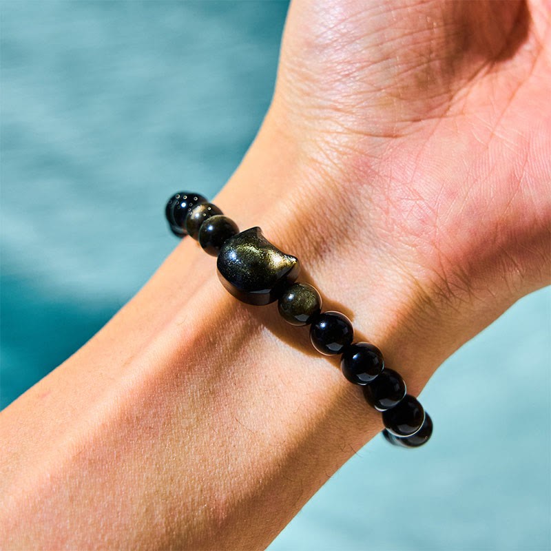 Gold Sheen Obsidian Silver Sheen Obsidian Lovely Paw Lucky Cat Protection Bracelet
