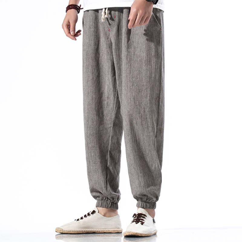 Casual Solid Color Drawstring Linen Men's Pants With Pockets