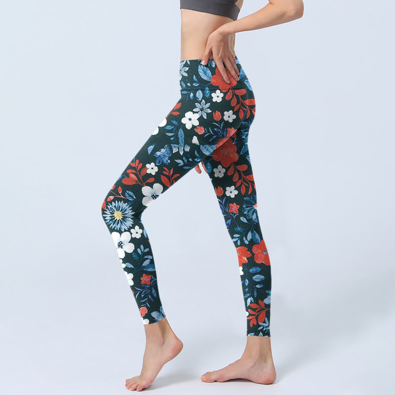 Red White Flower Dandelion Print Gym Fitness Leggings Women's Yoga Pants