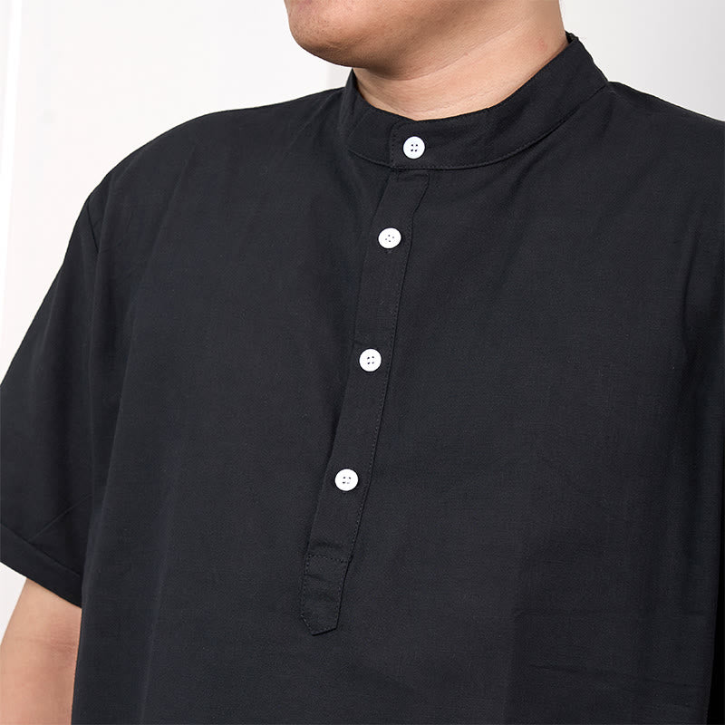 Men's Plain Color Short Sleeve Half Button Cotton Linen Shirt