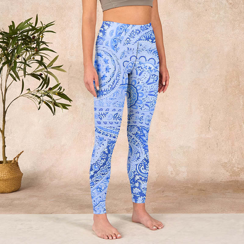 Persian Style RoyalBlue White Flowers Pattern Print Exercise Leggings Women's Yoga Pants