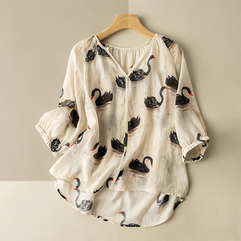Casual Black Swan Print Women's V-Neck Half Sleeve Design Cotton Linen Shirt