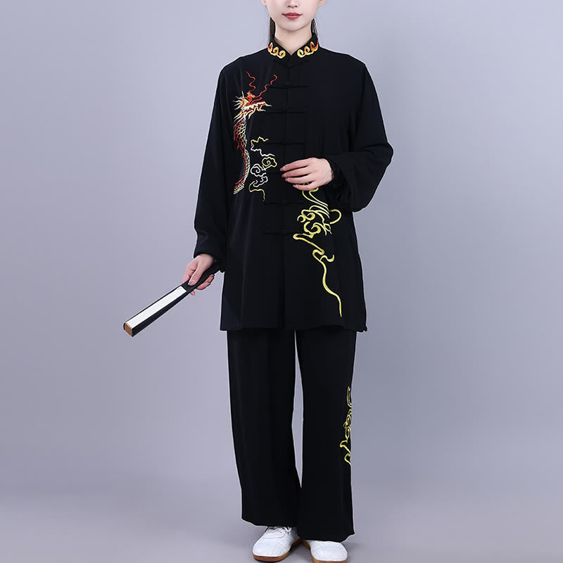 2Pcs Fall Embroidery Dragon Frog-Button Tai Chi Meditation Qigong Zen Practice Unisex Cotton Clothing Set