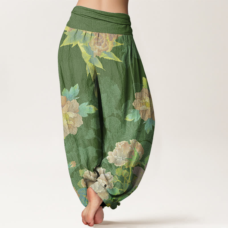 Big Pink Peonies Green Leaves Women's Elastic Waist Harem Pants