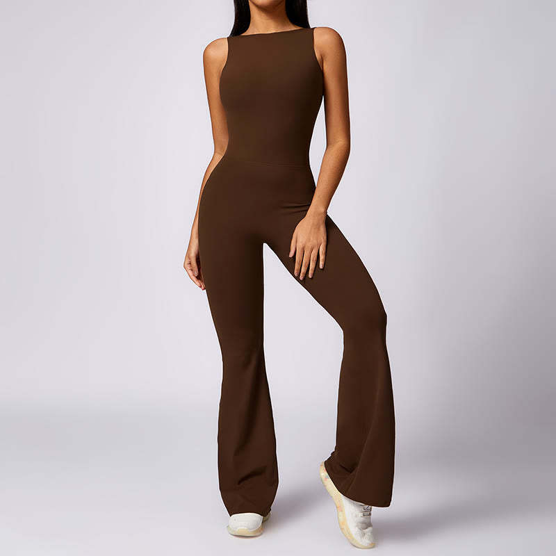 Women Casual Sleeveless Jumpsuit Flare Pants Sports Fitness Yoga Bodysuit