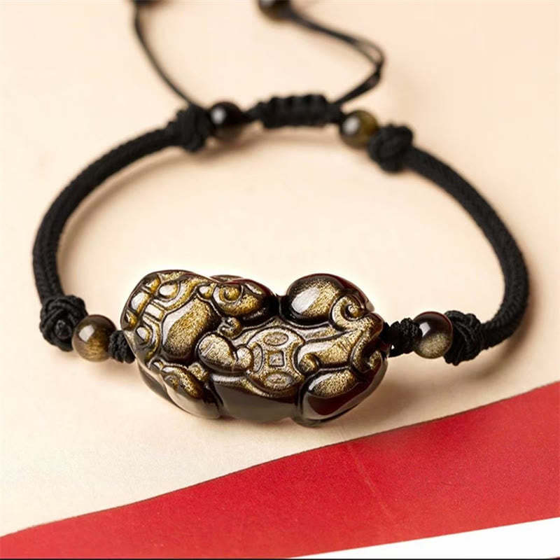 Natural Obsidian Amethyst Citrine PiXiu Cooper Coin Wealth Bracelet