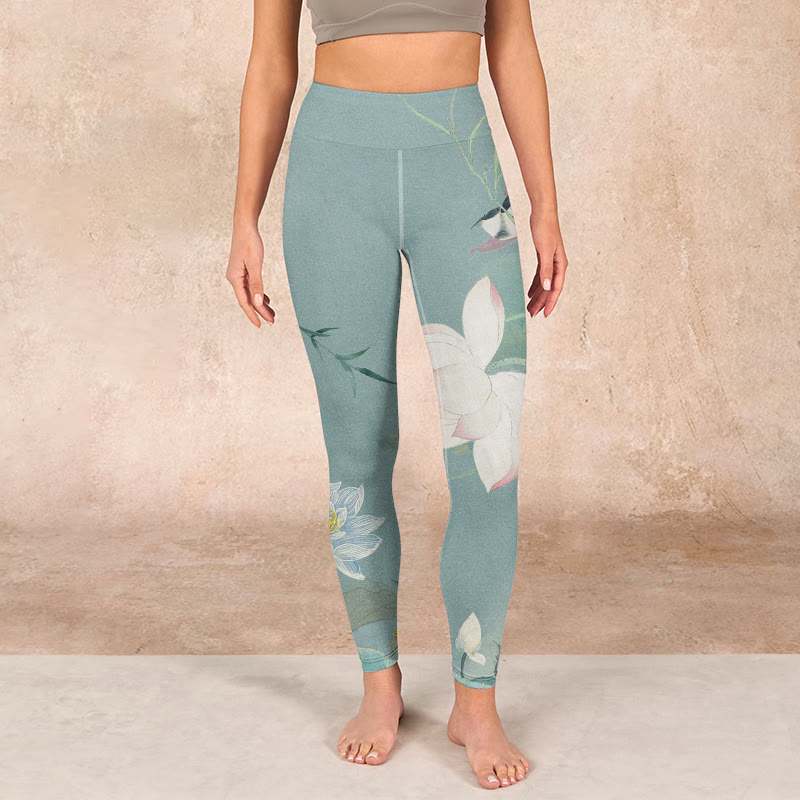 Lotus Leaf Bird Print Gym Leggings Women's Yoga Pants