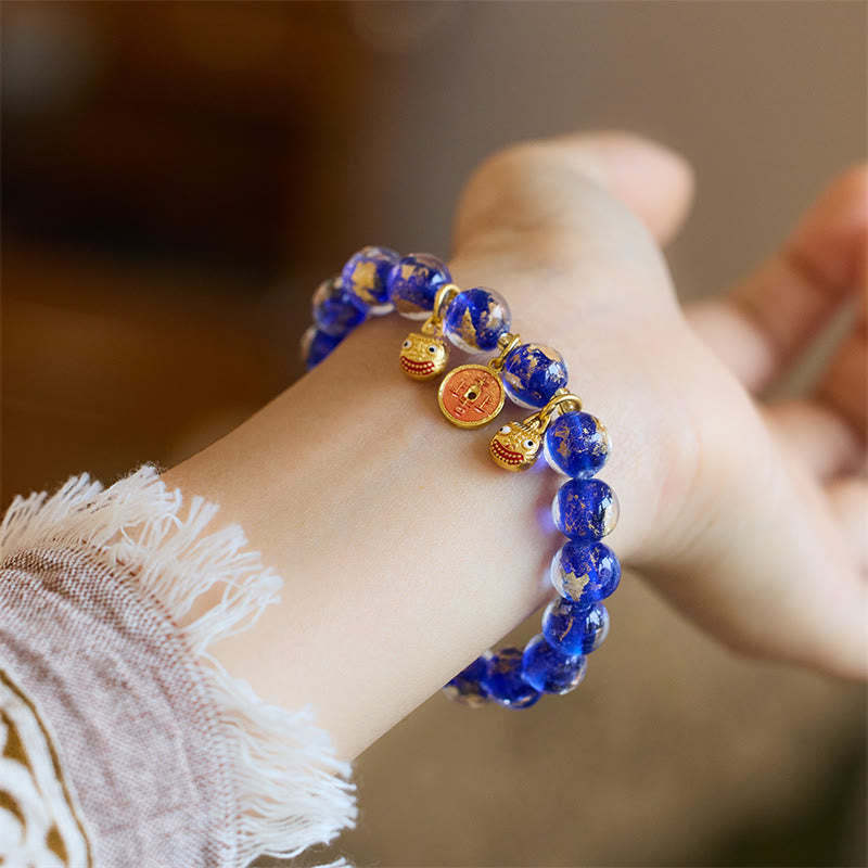 Gold Swallowing Beast Copper Coin Good Luck Charm Liuli Glass Bead Fortune Bracelet