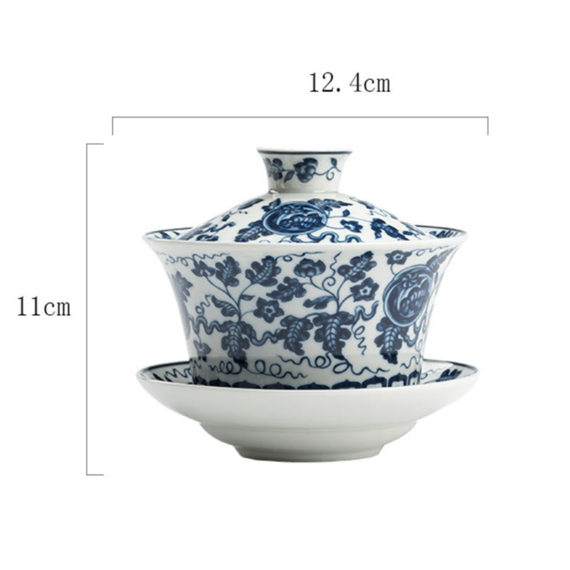 Blue And White Porcelain Lotus Koi Fish Lion Dance Watermelon Ceramic Gaiwan Sancai Teacup Kung Fu Tea Cup And Saucer With Lid 300ml