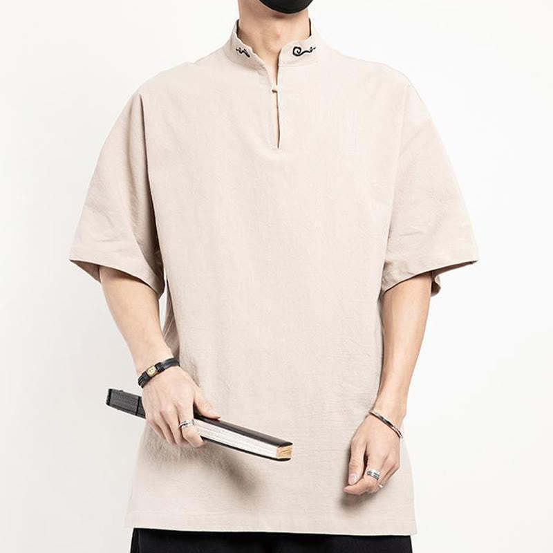 Chinese Tang Suit Embroidery Half Sleeve Shirt Linen Men Clothing