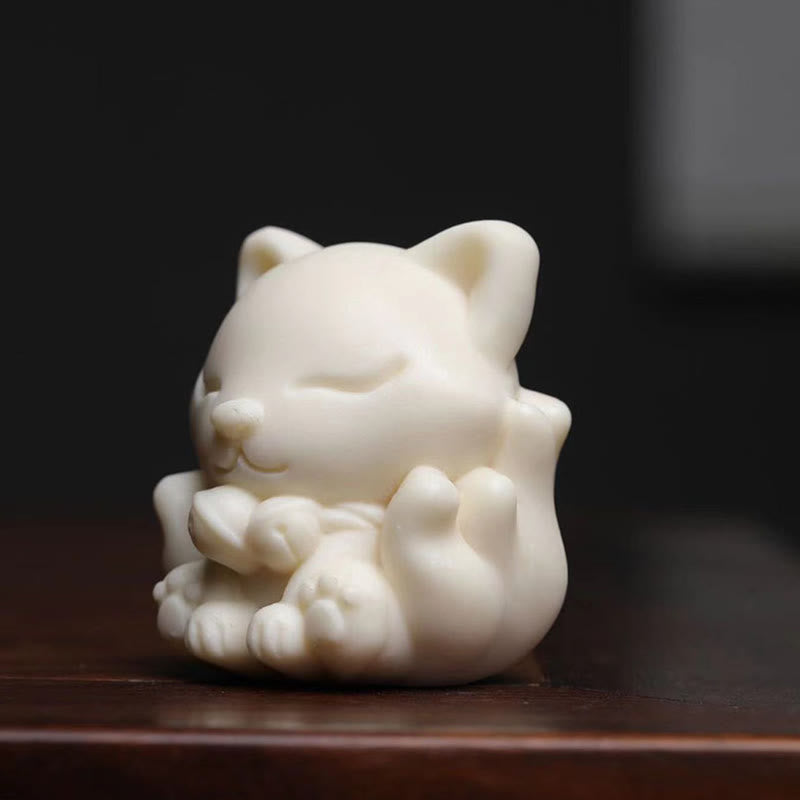 Mini Nine-Tailed Fox Ivory Fruit Sandalwood Green Sandalwood Blessing Decoration
