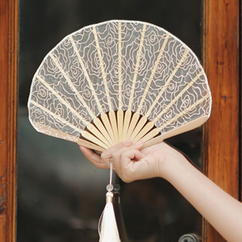 Rose Embroidery Lace Shell Shape Tassels Handheld Bamboo Folding Fan