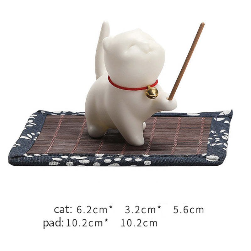 Mini Lucky Cat Kitten Tea Pet Ceramic Home Desk Figurine Decoration With Bamboo Mat