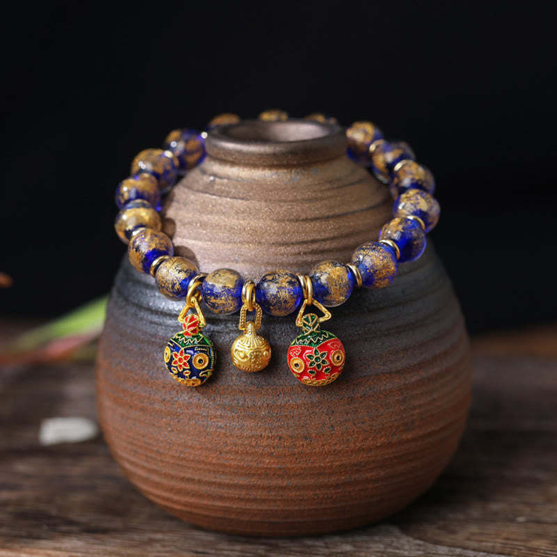 Gold Swallowing Beast Family Charm Gold Silver Foil Liuli Glass Bead Blessings Bracelet