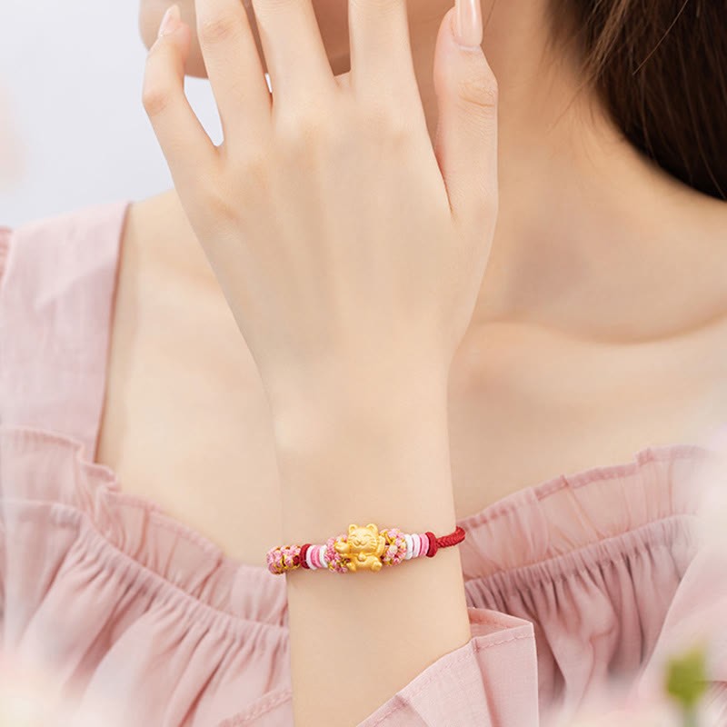 Handmade 999 Sterling Silver Fortune Cat Ingot Peach Blossom Luck?Red Rope Bracelet