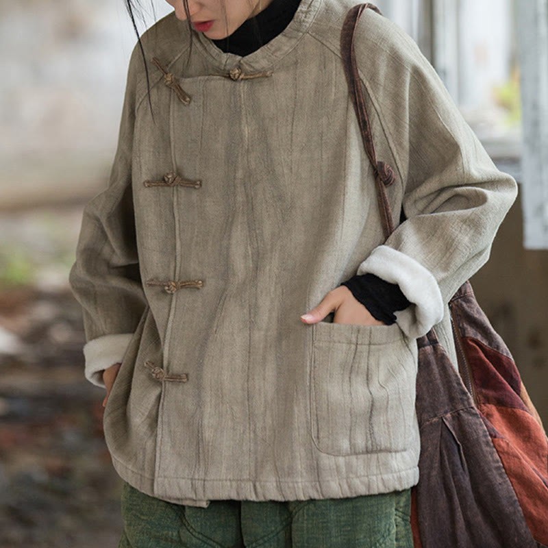 Solid Color Frog-button Thermal Long Sleeve Ramie Linen Women's Shirt