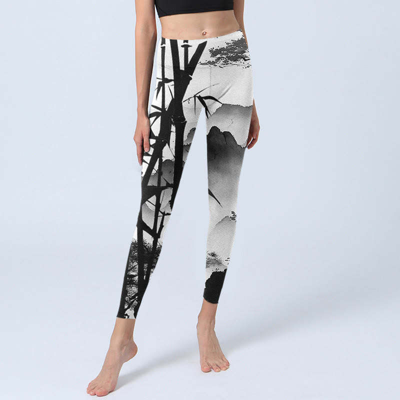 Ink Painting Bamboo Pine Mountain Scenery Print Gym Leggings Women's Yoga Pants