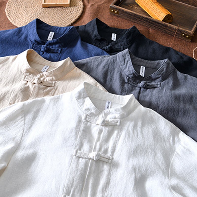 Frog-Button Chinese Tang Suit Ramie Linen Cotton Men Jacket Shirt With Pockets