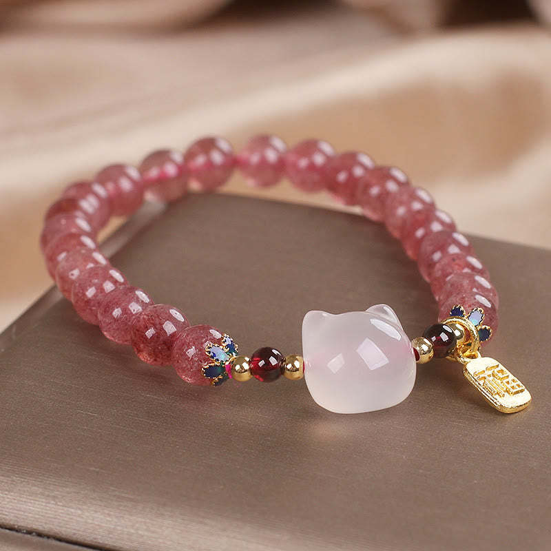Love and Healing Strawberry Quartz White Jade Cat Fu Character Bracelet