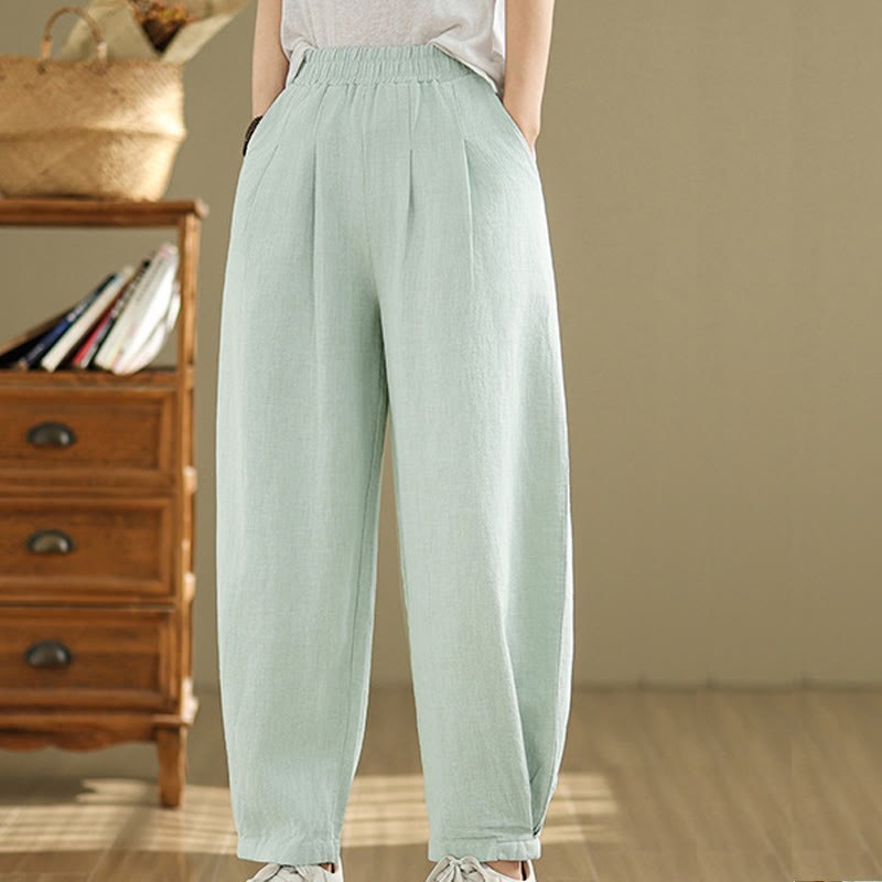 Casual Solid Color Tapered Elastic Waistband Cotton Linen Women's Pants With Pockets