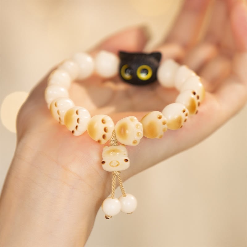 Natural Bodhi Seed Red Sandalwood Lovely Paw Lucky Cat Peace Bracelet